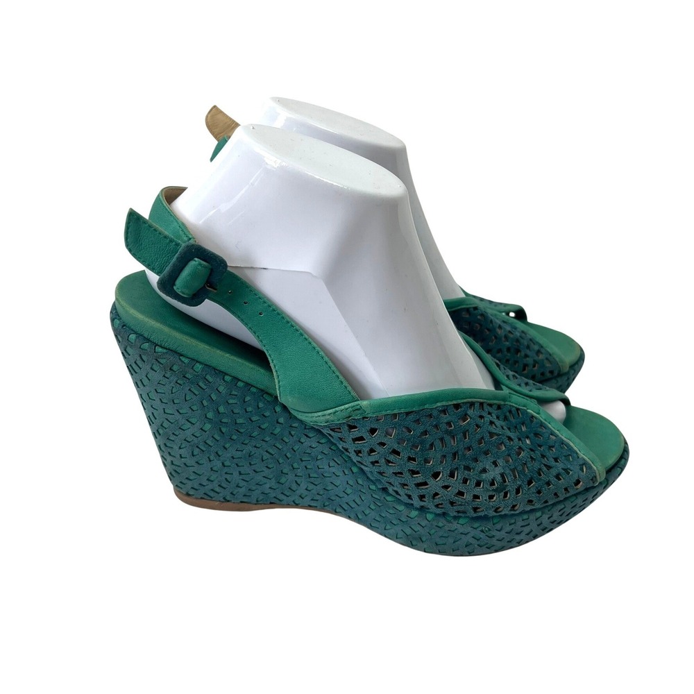 Audley London Teal Green Suede Laser Cut Wedge Sandals 9 Peep Toe Slingback Boho